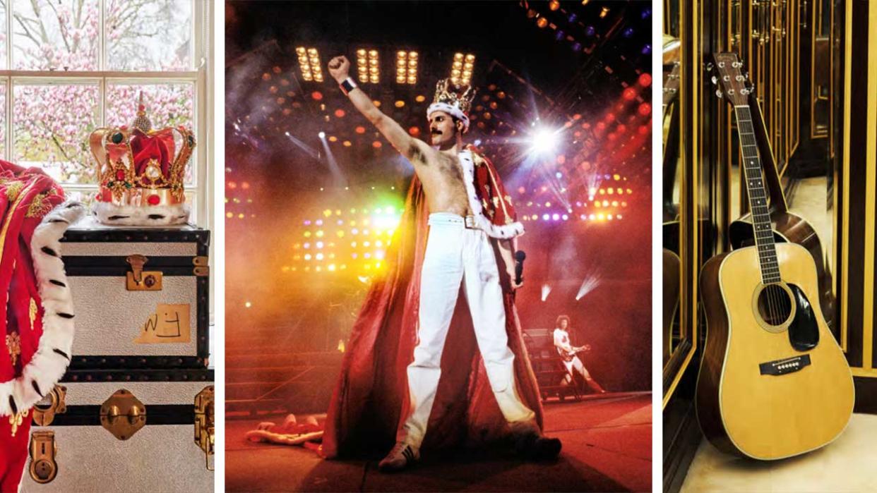  Freddie Mercury onstage at Wembley Stadium flanked by close-ups of his crown and cloak, and his acoustic guitar 