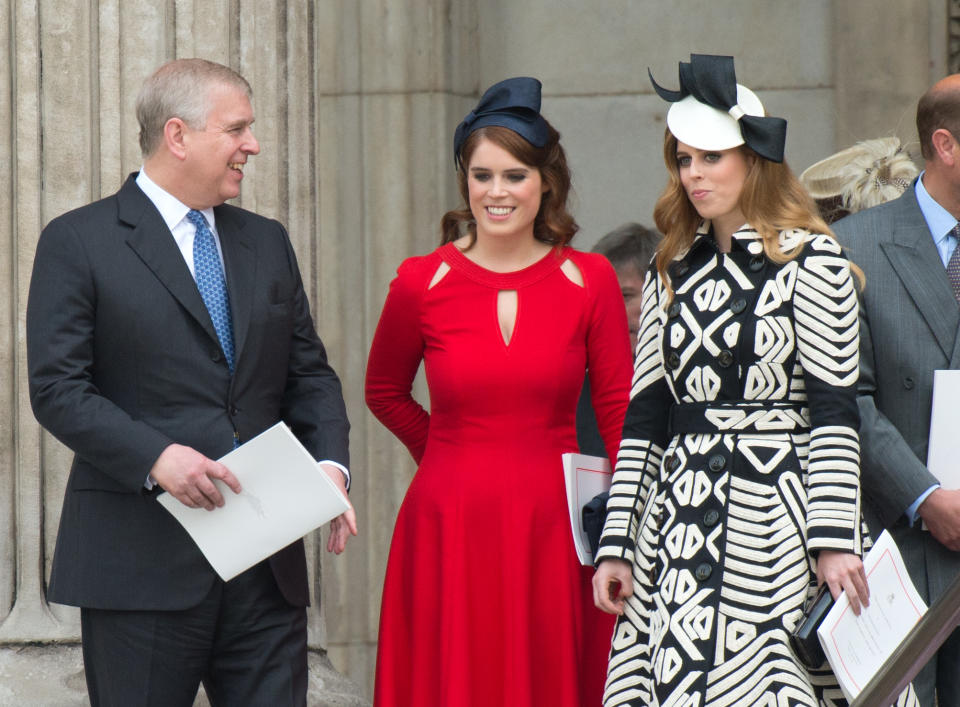 LONDON, ENGLAND - JUNE 10: Prince Andrew, Duke of York, Princess Eugenie and Princess Beatrice attend a National Service of Thanksgiving as part of the 90th birthday celebrations for The Queen at St Paul's Cathedral on June 10, 2016 in London, England. (Photo by Zak Hussein - Corbis/Corbis via Getty Images)