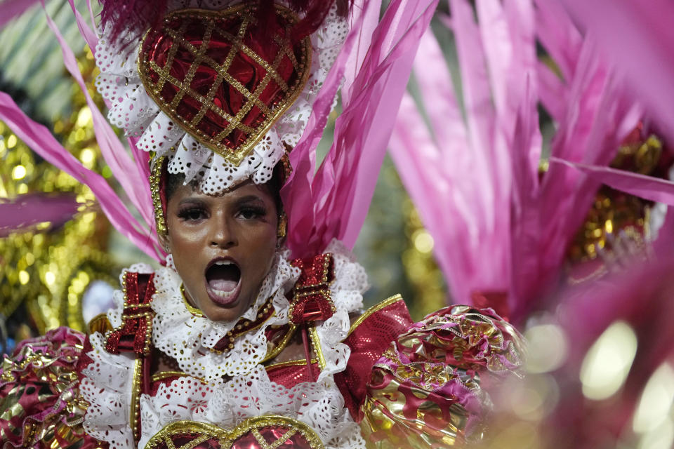 Performer from the Salgueiro samba school parades during Carnival celebrations at the Sambadrome in Rio de Janeiro, Brazil, Monday, Feb. 20, 2023. (AP Photo/Silvia Izquierdo)