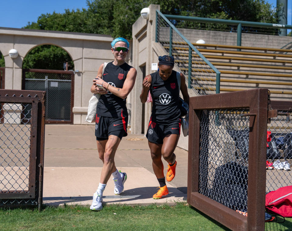Megan Rapinoe and Crystal Dunn arrive at the field before USWNT training at Cagan Stadium in Stanford, Calif., on July 3, 2023.<span class="copyright">Brad Smith—USSF/Getty Images</span>
