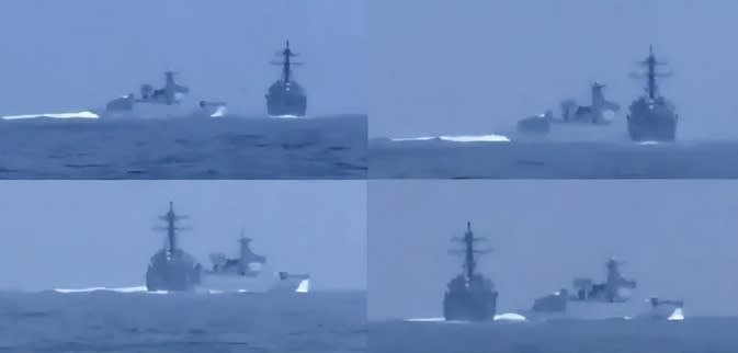 台海局勢越來越緊張，解放軍艦蘇州號6月3日在台海「鬼切」差點與美國軍艦鍾雲號相撞。   圖 : 翻攝自騰訊網