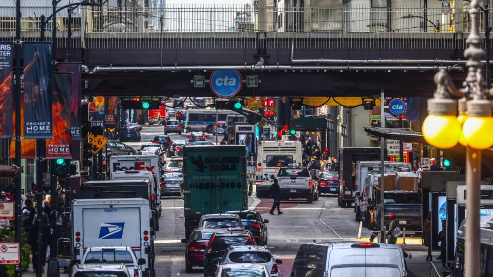 <div>Traffic jam in downtown Chicago, Illinois, United States, on October 14, 2022. (Photo by Beata Zawrzel/NurPhoto via Getty Images)</div>