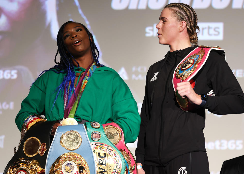 LONDON, ENGLAND - OCTOBER 13: Claressa Shields (L) and Savannah Marshall (R) pose during the press conference ahead of their undisputed middleweight championship fight at Genesis Cinema on October 13, 2022 in London, England. (Photo by Mark Robinson/Top Rank Inc via Getty Images)