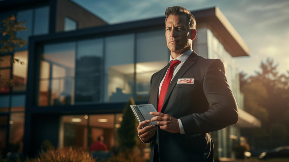 A seasoned real estate professional inspecting a property with the company’s branding in the background.