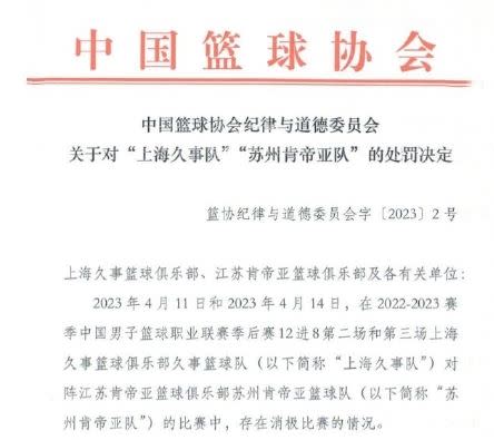 中國籃球協會列出4大懲處，包含兩隊各罰500萬人民幣。（圖／翻攝自微博）