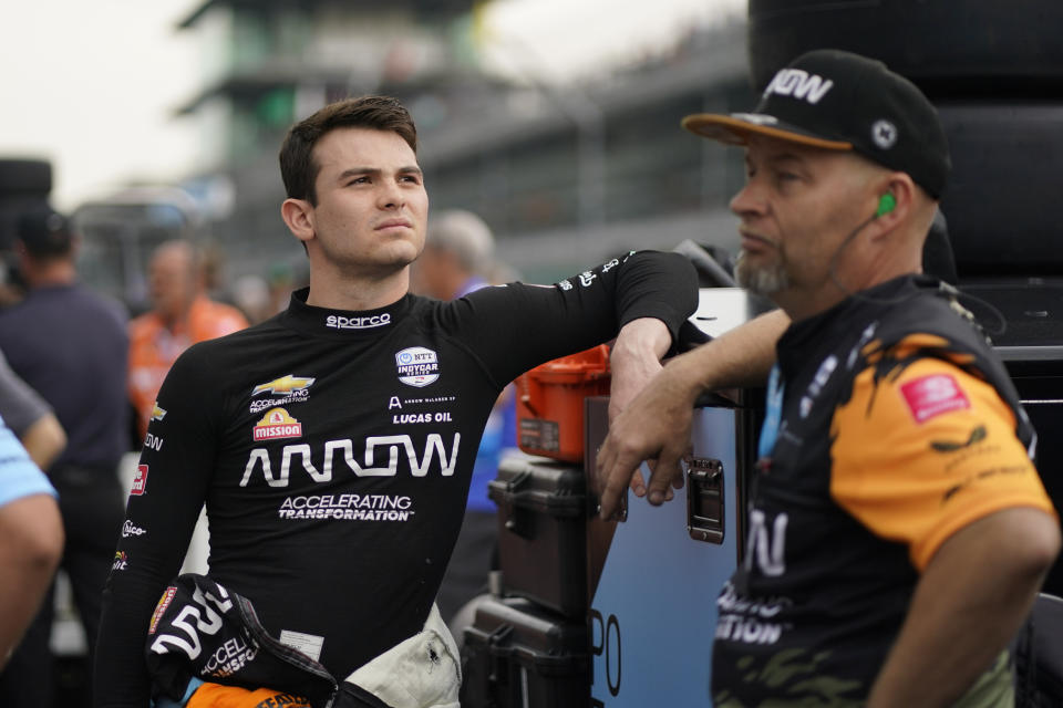 Pato O'Ward, of Mexico, waits during qualifications for the Indianapolis 500 auto race at Indianapolis Motor Speedway, Saturday, May 21, 2022, in Indianapolis. (AP Photo/Darron Cummings)