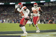 Kansas City Chiefs running back Darrel Williams (31) celebrates after scoring a touchdown in the first half of an NFL football game against the Baltimore Ravens, Sunday, Sept. 19, 2021, in Baltimore. (AP Photo/Julio Cortez)