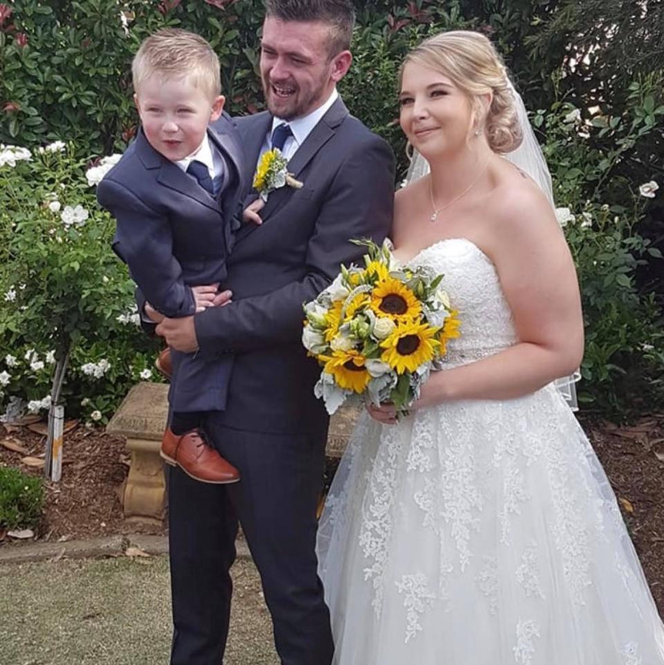 Mitchell and Madison Sullivan with 3.5 year-old Lukas (pictured far-left) from Tahmoor, NSW. The family is pictured on the couple's wedding day in 2018. Source: Madison Sullivan 