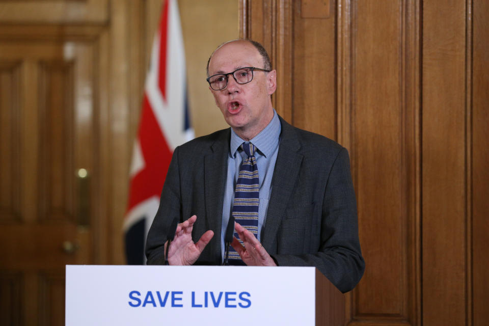 National Medical Director at NHS England Stephen Powis speaks during the daily press conference giving the latest update on the Coronavirus pandemic, at Downing Street in London, Saturday March 21, 2020..  For some people the COVID-19 coronavirus causes mild or moderate symptoms, but for others it causes severe illness. (Jonathan Brady / Pool via AP)