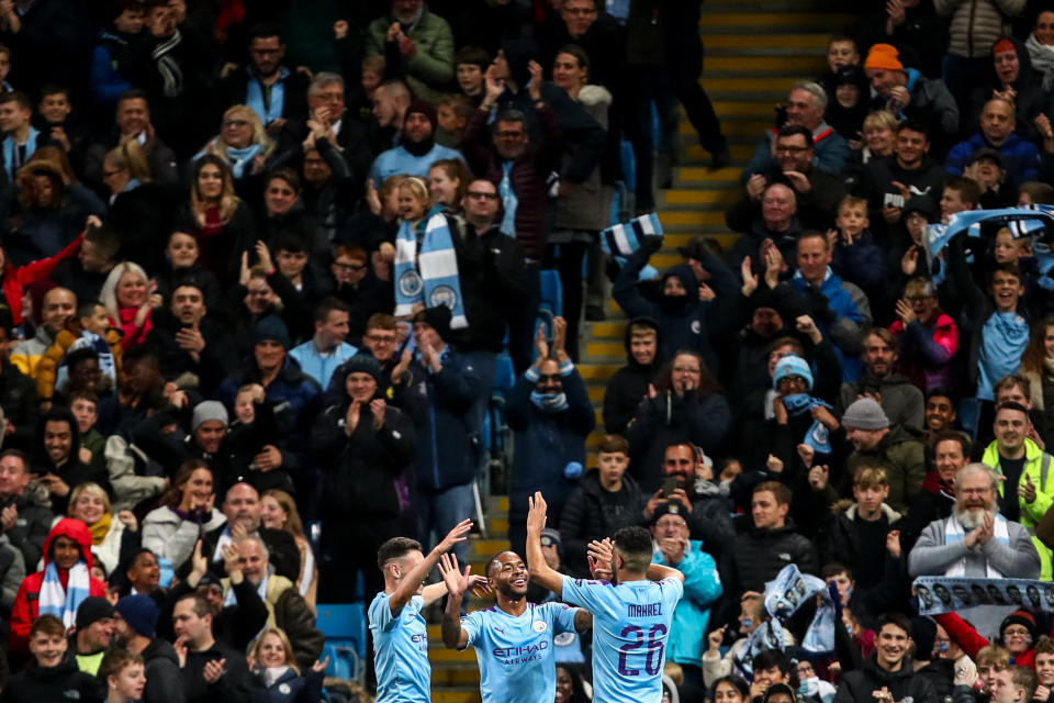 MANCHESTER, ENGLAND - OCTOBER 22: Raheem Sterling of Manchester City celebrates after scoring a goal to make it 5-1 during the UEFA Champions League group C match between Manchester City and Atalanta at Etihad Stadium on October 22, 2019 in Manchester, United Kingdom. (Photo by Robbie Jay Barratt - AMA/Getty Images)