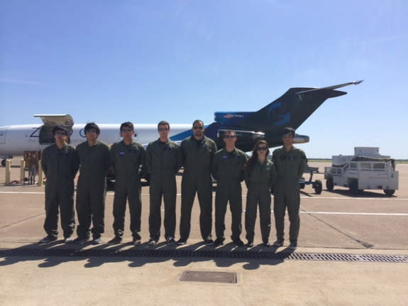 The UCSD team suits up for flight week. From left to right: Joshua Siu, Jose Garcia, Henry Lu, Sam Avery, Semaan Farah, Andrew Beeler, Greta Sharoyan and Victor Hong