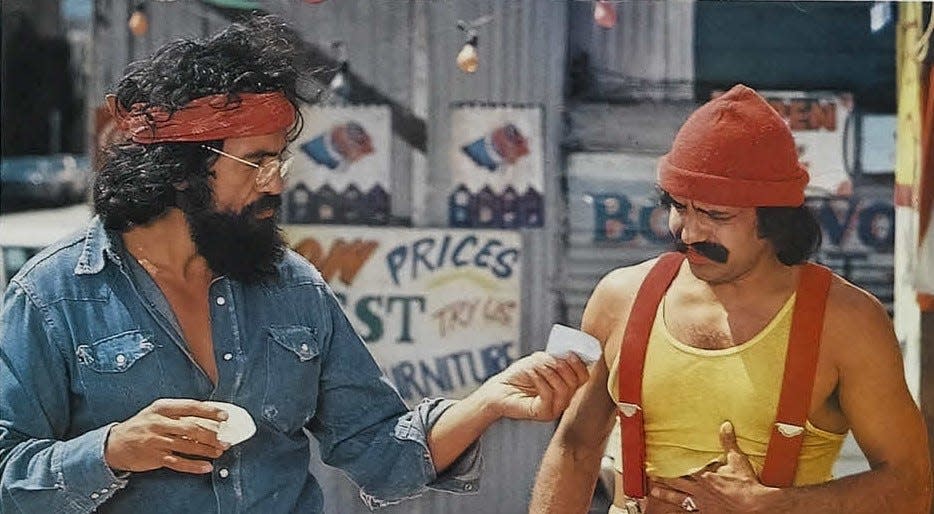 Tommy Chong, left,and Cheech Marin in a scene from Cheech & Chong's "Up in Smoke." Marin is going to give the keynote address this weekend at the HighLifeStyleShow this weekend in Boxborough.
