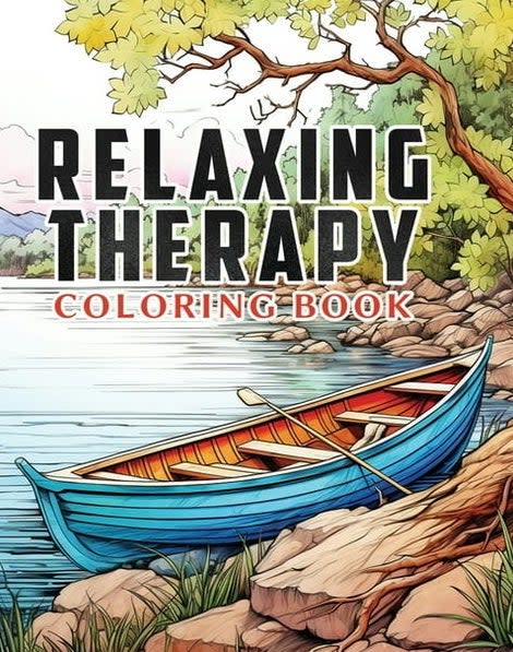 relaxing Therapy an adult coloring book cover with a canoe and lake scenery