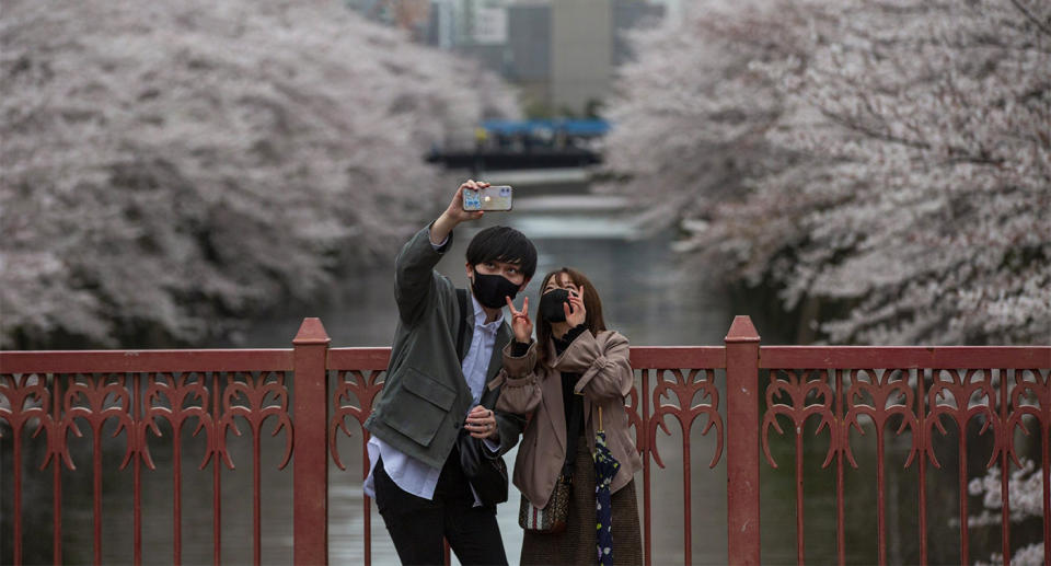 A couple takes a selfie on a bridge in Japan, with cherry blossoms in full bloom behind them.