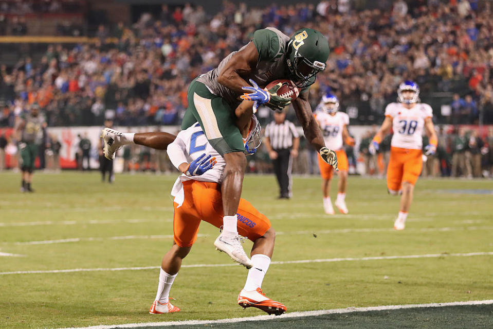 Baylor wide receiver KD Cannon made an acrobatic catch for one of his two touchdowns in the Cactus Bowl. (Photo by Christian Petersen/Getty Images)