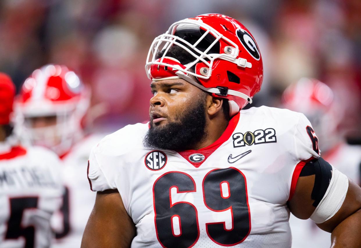 Jan 10, 2022; Indianapolis, IN, USA; Georgia Bulldogs offensive lineman Jamaree Salyer (69) against the Alabama Crimson Tide in the 2022 CFP college football national championship game at Lucas Oil Stadium. Mark J. Rebilas-USA TODAY Sports