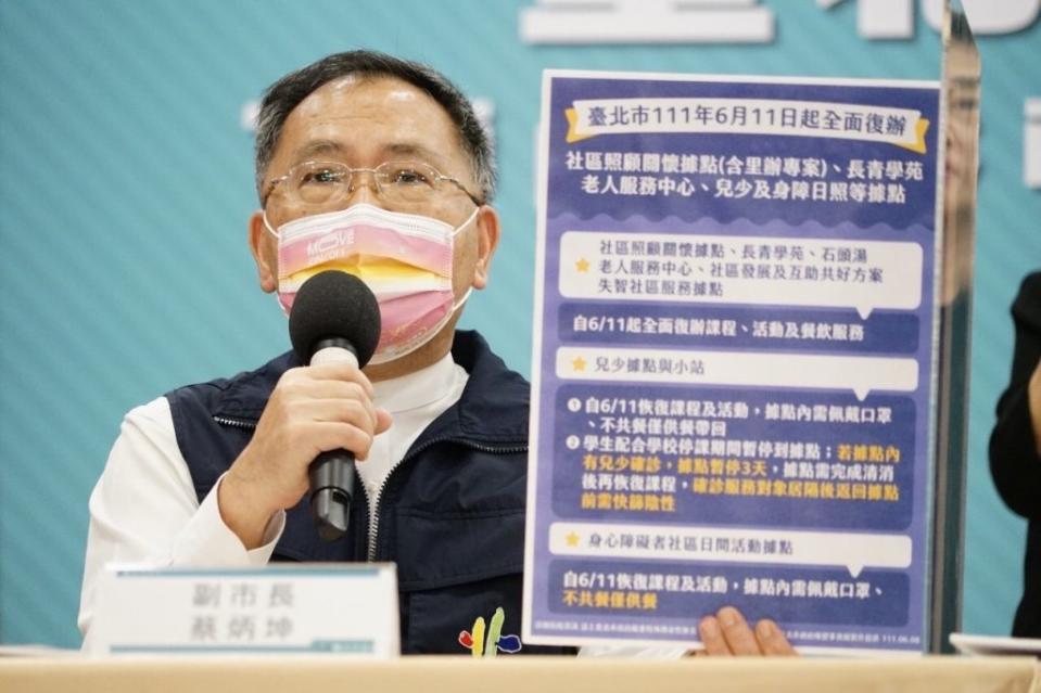 台北市副市長蔡炳坤八日宣布六月十三日至三十日的校園防疫指引，鬆綁各級學校可校外教學，但僅限於北市境內、當日來回。（北市府提供）