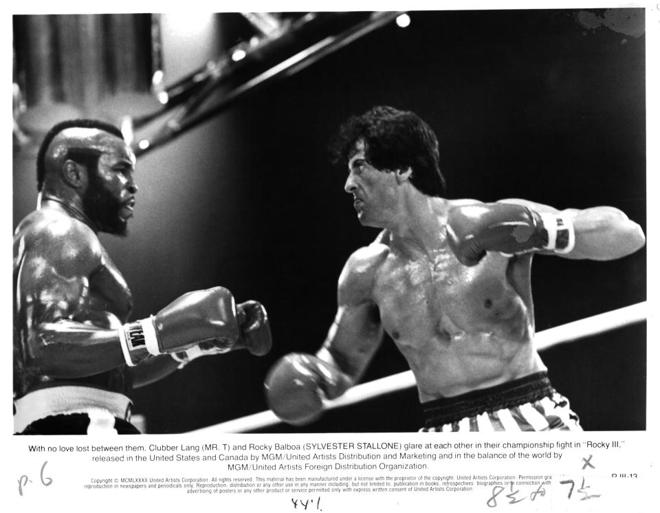 Actors Mr. T and  Sylvester Stallone on set of the MGM/United Artist movie "Rocky III" in 1982.  (Photo by Michael Ochs Archives/Getty Images)  