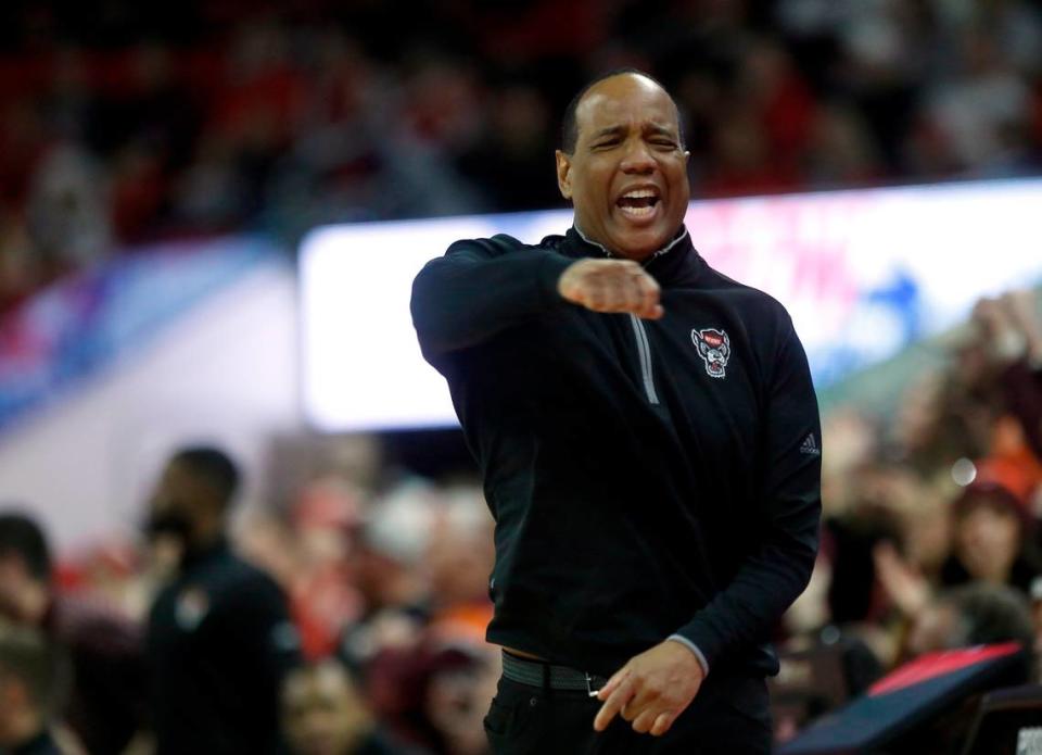 N.C. State’s Kevin Keatts reacts during the second half of the Wolfpack’s 84-78 loss to Virginia Tech on Saturday, Jan. 20, 2024, at PNC Arena in Raleigh, N.C.