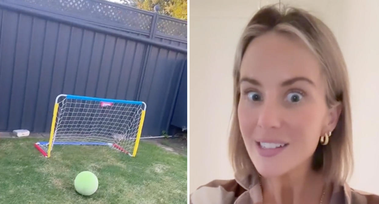 The small soccer net and ball positioned beside a fence (left) and Renee Barendregt shocked while talking to the camera (right). 