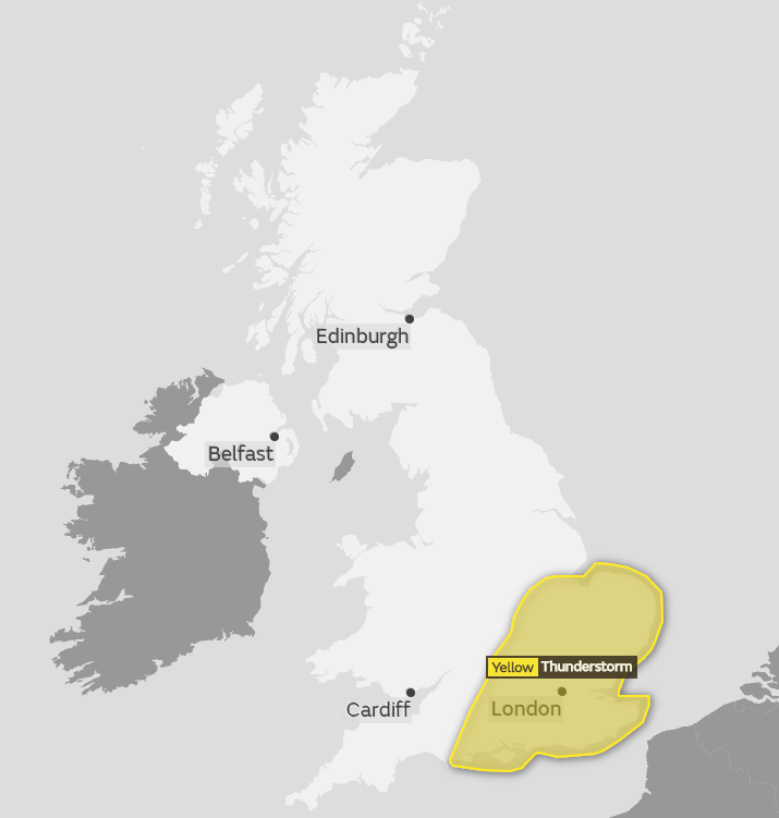 Yellow weather warning for thunderstorms issued for the southeast (Met Office)