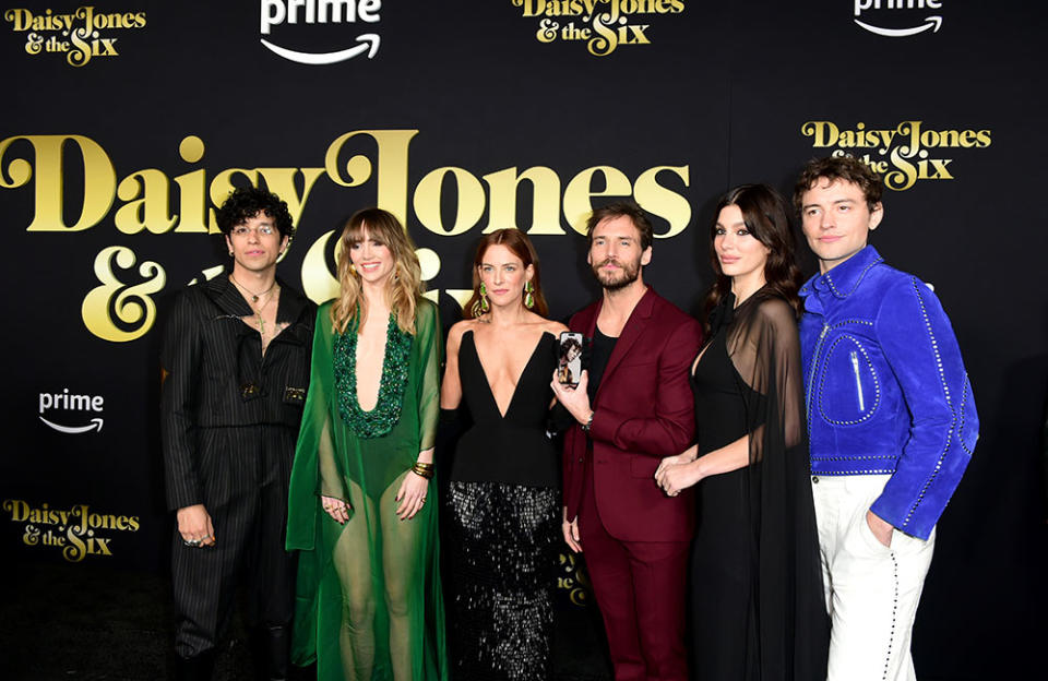 (L-R) Sebastian Chacon, Suki Waterhouse, Riley Keough, Sam Claflin, Camila Morrone, and Josh Whitehouse attend the “Daisy Jones &amp; The Six” Los Angeles Red Carpet Premiere and Screening at TCL Chinese Theatre on February 23, 2023 in Hollywood, California.