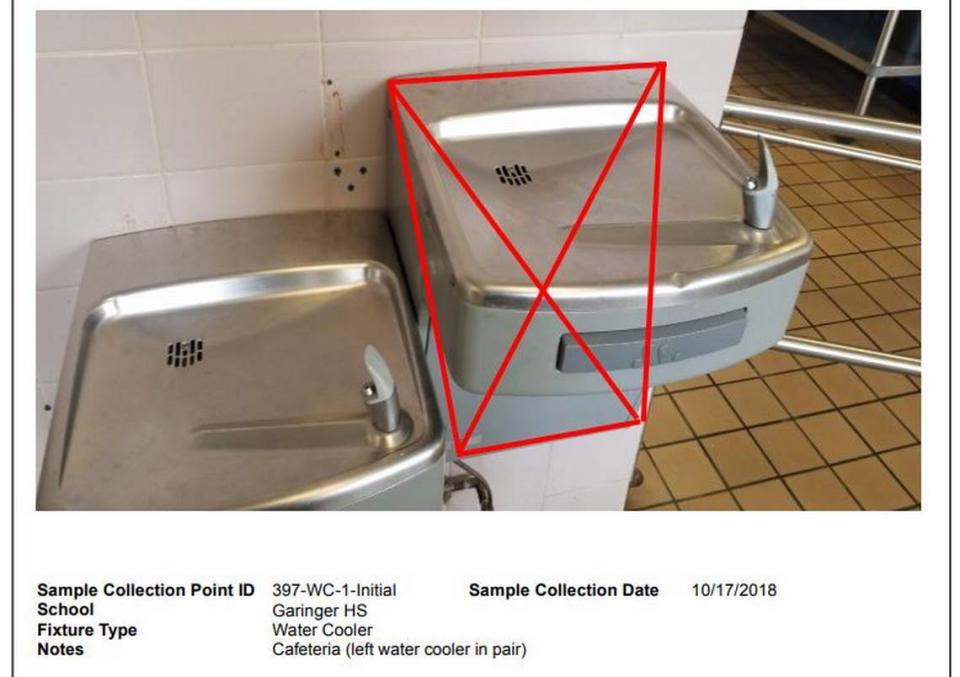 This photo from a CMS water quality report shows the water fountain (left) in the Garinger High cafeteria that had an extremely high level of lead in the water when it was tested Oct. 17, 2018.