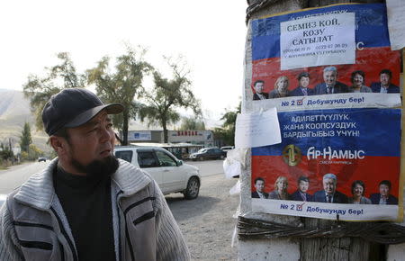 A local resident looks at election campaign posters, which are on display in the village of Vorontsovka near the capital Bishkek, Kyrgyzstan, October 1, 2015. REUTERS/Vladimir Pirogov