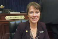 FILE - In this March 1, 2018, file photo, Idaho Republican state Rep. Priscilla Giddings sits at the Capitol in Boise. An Idaho lawmaker accused of violating ethics rules by publicizing the name of an alleged rape victim in disparaging social media posts and then allegedly misleading lawmakers about her actions, said in an ethics hearing Monday, Aug. 2, 2021, that she did nothing wrong and claimed the allegations against her were politically motivated. Rep. Giddings of Whitebird became the subject of two ethics complaints by about two dozen lawmakers after she publicized the rape accuser's name, photo and personal details by sharing links to an far-right news article on social media and in a newsletter to constituents. (AP Photo/Kimberlee Kruesi, File)