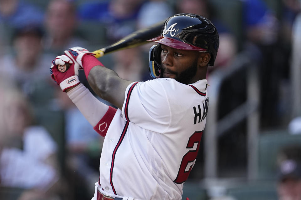 Atlanta Braves' Michael Harris II drives in two runs with a single in the seventh inning of a baseball game against the Washington Nationals, Sunday, Oct. 1, 2023, in Atlanta. (AP Photo/John Bazemore)