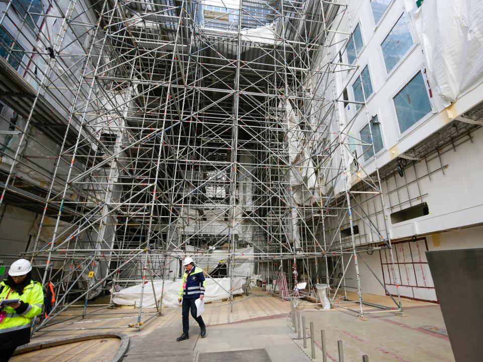 The Surfside neighborhood under scaffolding and tarps while it's being constructed on Royal Caribbean's Icon of the seas