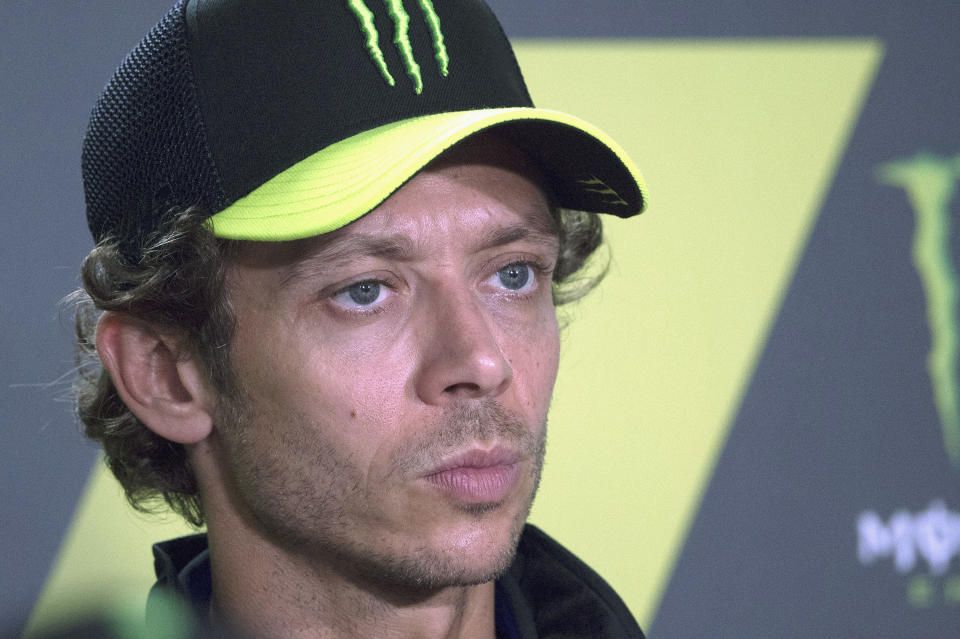 BRNO, CZECH REPUBLIC - AUGUST 06: Valentino Rossi of Italy and Monster Energy Yamaha MotoGP Team looks on during the press conference pre event during the MotoGP Of Czech Republic - Previews at Brno Circuit on August 06, 2020 in Brno, Czech Republic. (Photo by Mirco Lazzari gp/Getty Images)