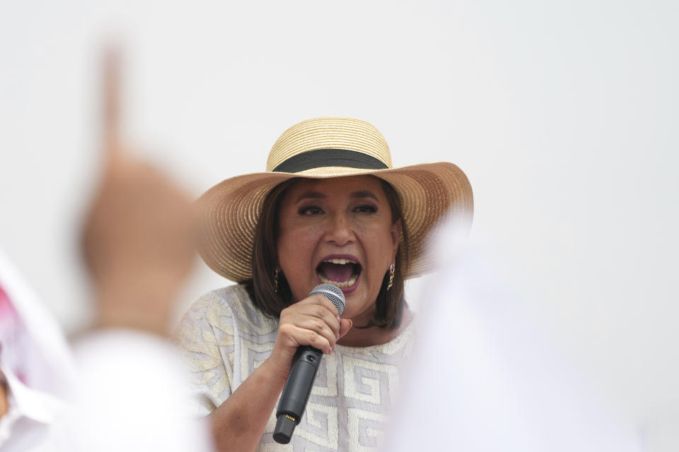 Opposition presidential candidate Xochitl Galvez speaks during her closing campaign rally in Los Reyes la Paz, on the outskirts of Mexico City, Wednesday, May 29, 2024. (AP Photo/Fernando Llano)