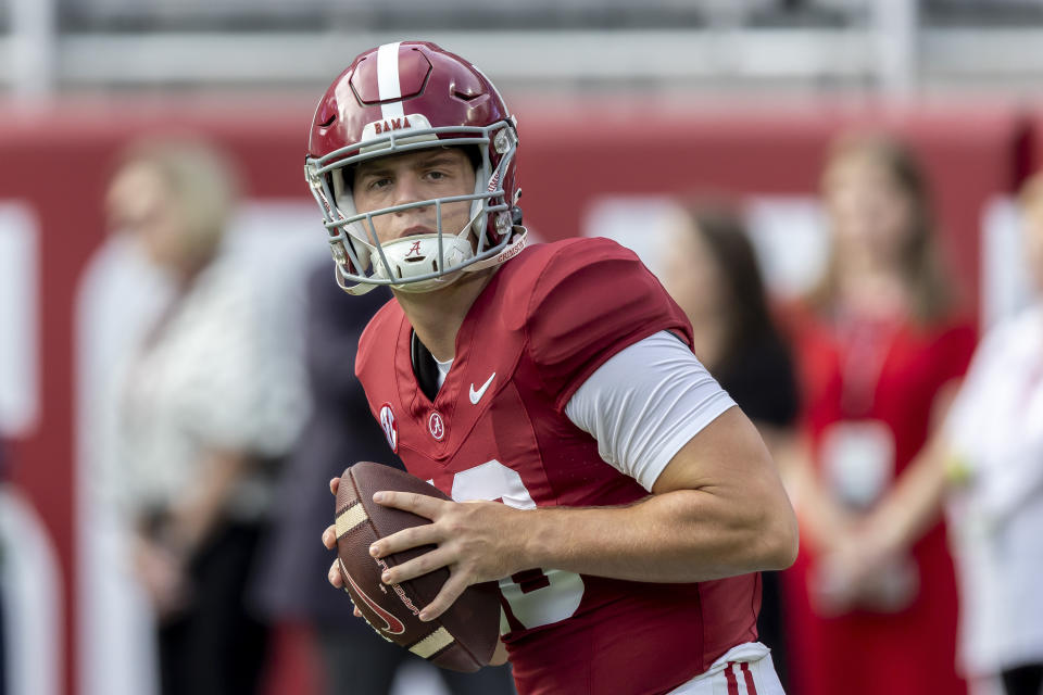 Alabama quarterback Eli Holstein (10) warms up for the team's NCAA college football game against Middle Tennessee, Saturday, Sept. 2, 2023, in Tuscaloosa, Ala. (AP Photo/Vasha Hunt)