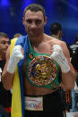 Ukraine's two-time World Heavyweight champion Vitali Klitschko celebrates after he successfully defended his WBC heavyweight title against Germany's Manuel Charr in Moscow early on September 9, 2012. AFP PHOTO / KIRILL KUDRYAVTSEV (Photo credit should read KIRILL KUDRYAVTSEV/AFP/GettyImages)