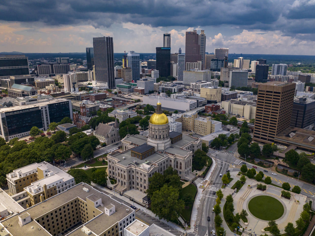 Aerial drone view of Atlanta Skyline, Georgia the peach state show Dome of State Capital. (Photo by: Joe Sohm/Visions of America/Universal Images Group via Getty Images)