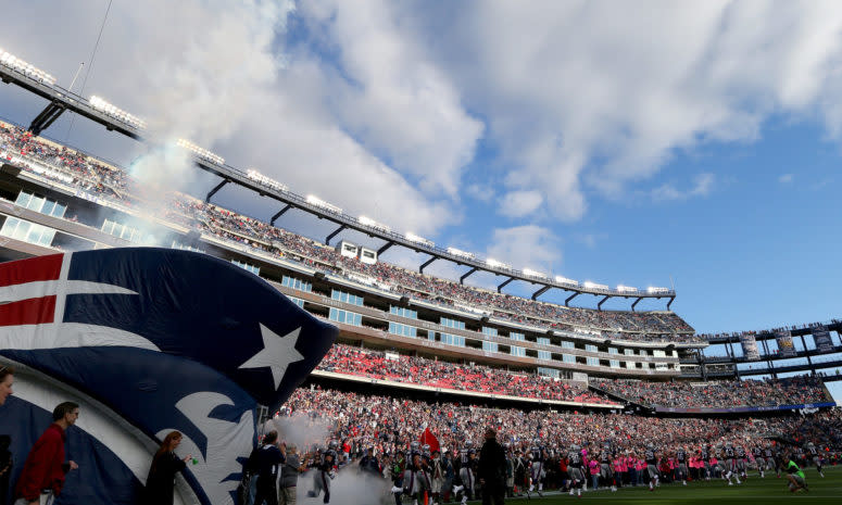An interior view of Gillette Stadium during a Patriots game.