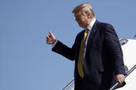President Donald Trump arrives at Moffett Federal Airfield to attend a fundraiser, Tuesday, Sept. 17, 2019, in Mountain View, Calif. (AP Photo/Evan Vucci)