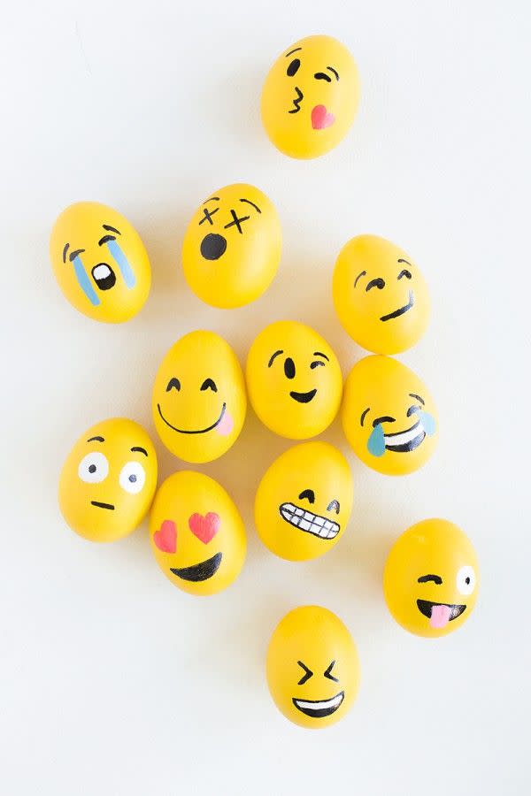 <p>How are you <em>really</em> feeling about springtime? Express it on your Easter eggs with this cheeky painting technique. Use yellow craft paint and black and red paint markers to whip up a whole set of emoji eggs that are sure to wow the crowd.</p><p><em><a href="https://studiodiy.com/diy-emoji-easter-eggs/" rel="nofollow noopener" target="_blank" data-ylk="slk:Get the tutorial at Studio DIY;elm:context_link;itc:0;sec:content-canvas" class="link ">Get the tutorial at Studio DIY</a></em></p>