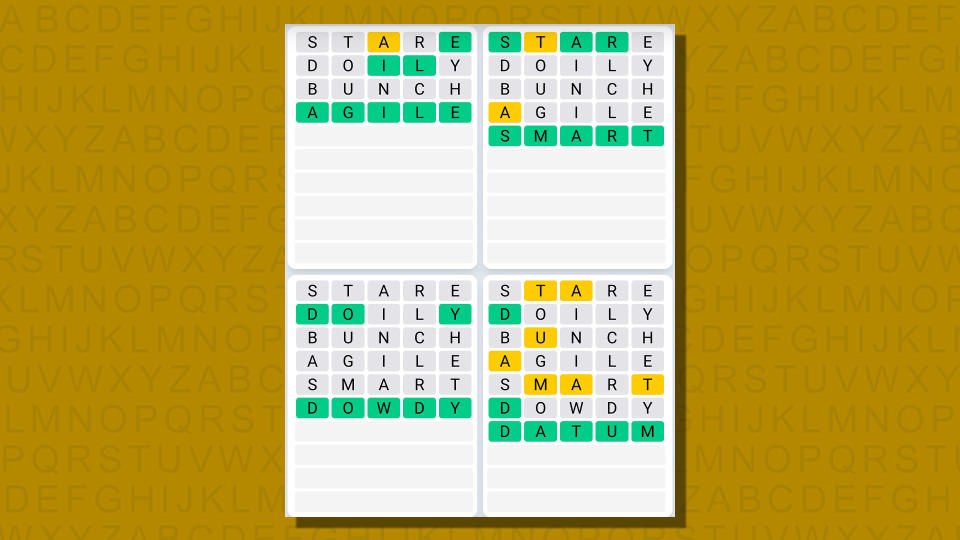 Quordle daily sequence answers for game #811 on a yellow background