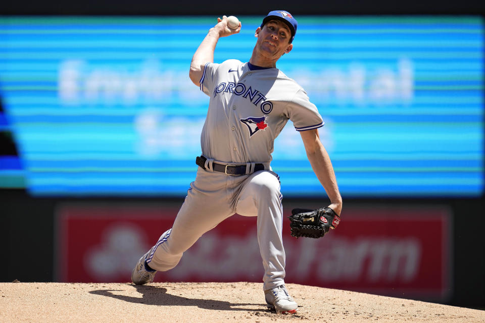 Toronto Blue Jays starting pitcher Chris Bassitt delivers during the first inning of a baseball game against the Minnesota Twins, Saturday, May 27, 2023, in Minneapolis. (AP Photo/Abbie Parr)