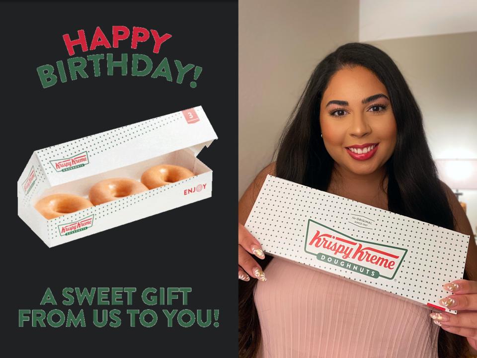 Happy Birthday email from Krispy Kreme; Melissa holding a free box of Krispy Kreme donuts
