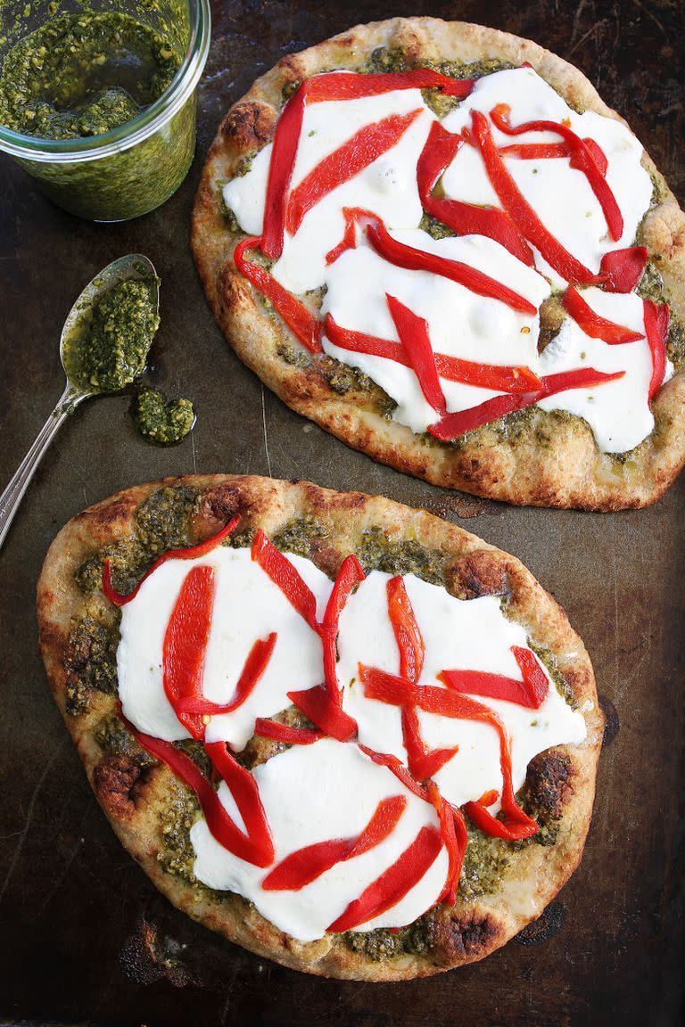 Pesto, Roasted Red Pepper, and Mozzarella Flatbread