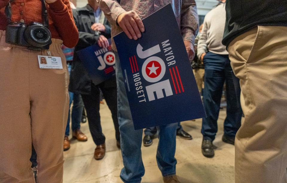 Supporters, onlookers and media at City Market on Tuesday, Nov. 15, 2022, during the announcement by incumbent mayor Joe Hogsett that he is seeking another term.  