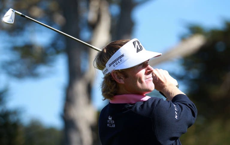 Brandt Snedeker watches his tee shot on the 17th hole during the third round of the AT&T Pebble Beach National Pro-Am on February 9, 2013 in Pebble Beach, California. Snedeker fired a four-under par 68 Saturday to share the lead after 54 holes