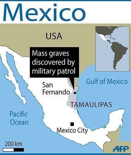 Map of Mexico locating the town of San Fernando. At least 59 bodies have been found on a ranch in Mexico's northern state of Tamaulipas on the US border, coinciding with massive protests against drug violence the government has failed to stem