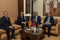 Morocco's Prime Minister Aziz Akhannouch, center right, and Foreign Minister Nasser Bourita, right, welcome Spanish Prime Minister Pedro Sanchez, center left, in Rabat, Morocco, Thursday Feb. 2, 2023. The prime ministers of Spain and Morocco held talks Thursday as part of wide-ranging meetings between the neighboring governments aimed at turning the page on diplomatic tensions and striking deals on customs crossings and business development. (AP Photo)