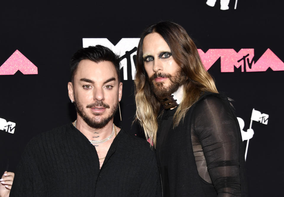 Shannon Leto, left, and Jared Leto of Thirty Seconds to Mars arrive at the MTV Video Music Awards on Tuesday, Sept. 12, 2023, at the Prudential Center in Newark, N.J. (Photo by Evan Agostini/Invision/AP)