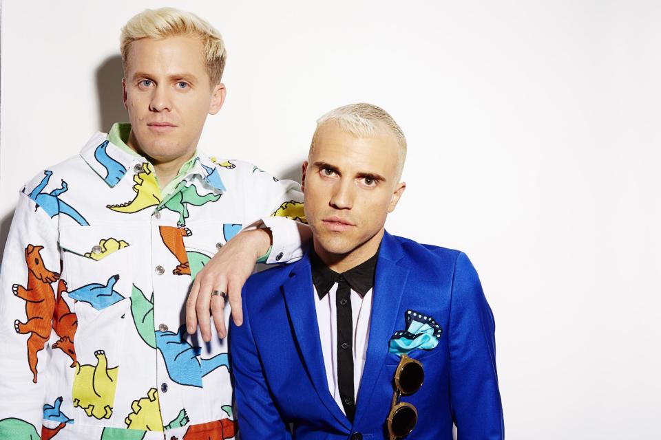 Chris Allen, left, and Tyler Glenn, of the band Neon Trees, pose for a portrait to promote the band's upcoming third album, "Pop Pyschology," on Tuesday, April 22, 2014 in New York. (Photo by Dan Hallman/Invision/AP)