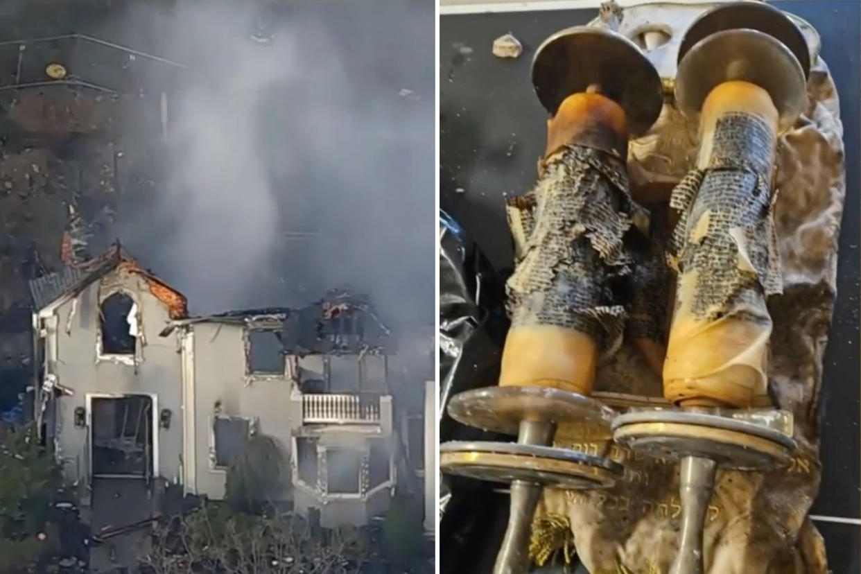 Volunteers rushed to rescue three sacred Torah scrolls buried beneath the rubble of the Chassidim of the Heights synagogue after it burned down.